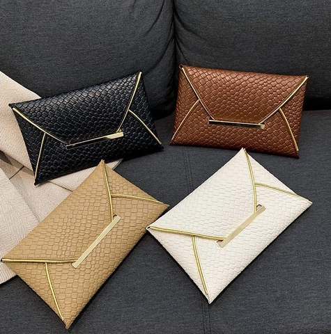 Bolso de Mano Sobre de Cuero PU Retro para Mujer Textura de Tejido Bolso de Noche con Borde de Metal Dorado Bolso de Mano