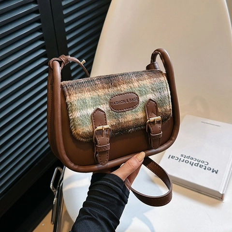 Vintage Damen Karo Umhängetasche Retro PU Leder Stoff Schultertasche Casual Pendeln Kleine Quadratische Handtasche Mode