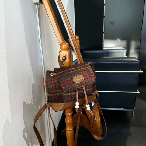 Sac à Dos en Polyester à Carreaux Rétro pour Femmes Mini Style Britannique Patchwork Similicuir Sac d'École Sac à Dos Décontracté
