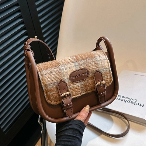 Vintage Damen Karo Umhängetasche Retro PU Leder Stoff Schultertasche Casual Pendeln Kleine Quadratische Handtasche Mode