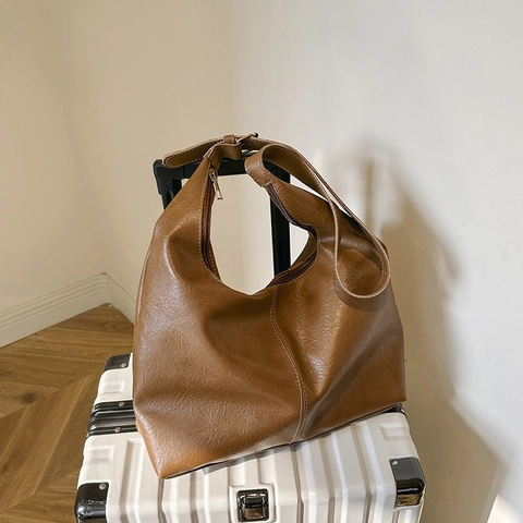 Bolso Hobo Retro de Gran Capacidad para Mujer Cuero PU Bolso de Hombro Minimalista Color Sólido Cremallera Bolso Tote