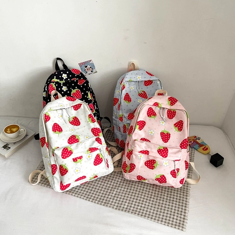 Oxford Cloth Strawberry Print Backpack For Women Large Capacity School Bookbag Sweet Fresh Girls Casual Travel Daypack
