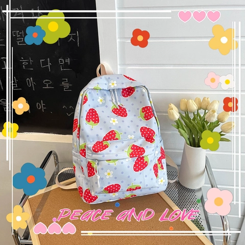 Oxford Cloth Strawberry Print Backpack For Women Large Capacity School Bookbag Sweet Fresh Girls Casual Travel Daypack