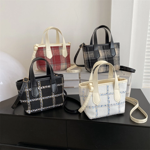 Karierte Wollen Einkaufstasche Für Damen Herbst Winter Große Kapazität Umhängetasche Lässige Schultertasche Einfache Handtasche