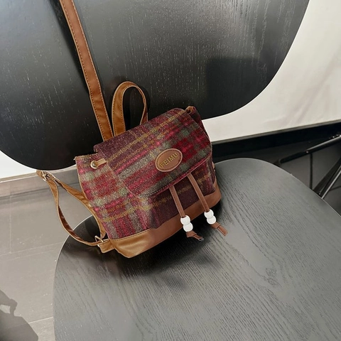 Sac à Dos en Polyester à Carreaux Rétro pour Femmes Mini Style Britannique Patchwork Similicuir Sac d'École Sac à Dos Décontracté