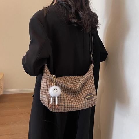Borsa a Tracolla in Lana a Quadri Vintage per Donna Modello a Griglia Retrò Borsa a Spalla Tote di Grande Capacità Invernale