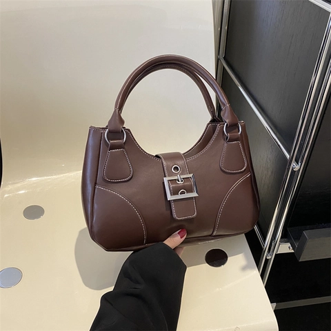 Women Vintage PU Leather Handbag With Contrast Stitching Retro Square Buckle Underarm Shoulder Tote Bag For Daily Commuting