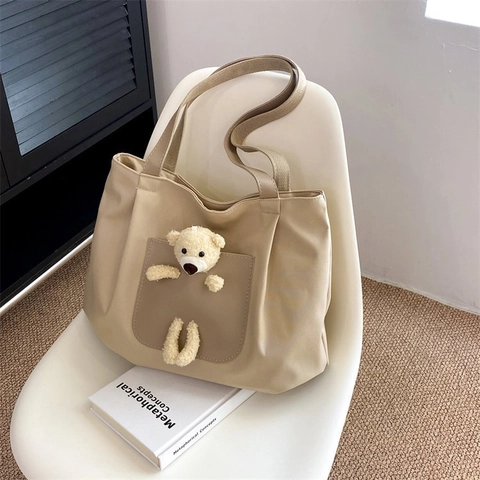 Sac Cabas en Toile avec Ours en Peluche pour Femmes Sac à Épaule Décontracté Grande Capacité Couleur Contrastée École