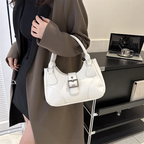 Women Vintage PU Leather Handbag With Contrast Stitching Retro Square Buckle Underarm Shoulder Tote Bag For Daily Commuting