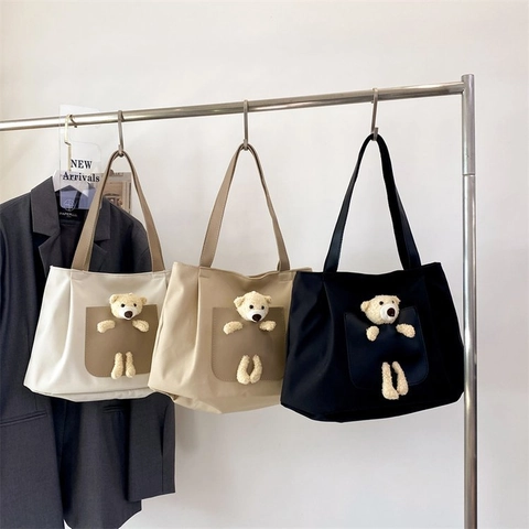 Sac Cabas en Toile avec Ours en Peluche pour Femmes Sac à Épaule Décontracté Grande Capacité Couleur Contrastée École