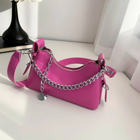 Women Fashion PU Leather Chain Underarm Bag Minimalist Half Moon Shoulder Bag With Silver Chain Decor Daily Stylish Satchel