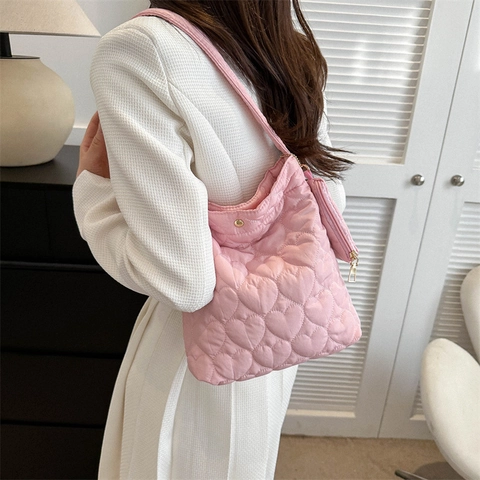 Sac à Épaule en Toile Matelassée Cœur pour Femmes Ensemble de Sac Fourre-tout Décontracté Grande Capacité Avec Petit Sac pour Usage Quotidien