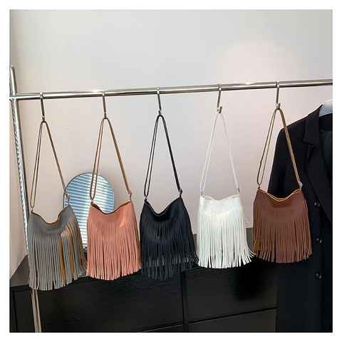 Fashion Women PU Leather Tassel Crossbody Bag Litchi Pattern Small Phone Bag Bohemian Fringe Shoulder Bag Solid Color Daily Party Handbag