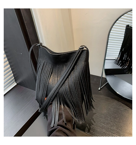 Fashion Women PU Leather Tassel Crossbody Bag Litchi Pattern Small Phone Bag Bohemian Fringe Shoulder Bag Solid Color Daily Party Handbag