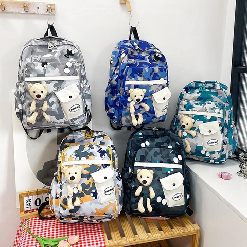 Kids Camouflage Nylon Backpack Large Capacity Urban Students Casual School Bag Lightweight Printed Travel Knapsack With Bear Pendant