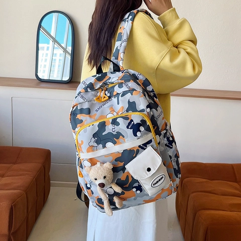 Kids Camouflage Nylon Backpack Large Capacity Urban Students Casual School Bag Lightweight Printed Travel Knapsack With Bear Pendant