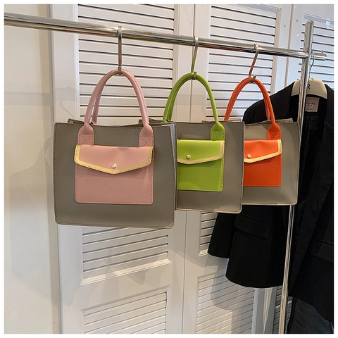 Women Contrast Color PU Leather Tote Bag Large Capacity Commuter Shoulder Bag With Front Pocket British Handbag