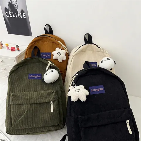 Zaino in Velluto a Coste Stile Coreano Donna Grande Capacità Borsa da Scuola Zaino da Viaggio Casual Con Ciondolo Peluche