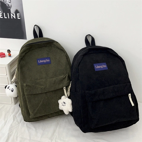Zaino in Velluto a Coste Stile Coreano Donna Grande Capacità Borsa da Scuola Zaino da Viaggio Casual Con Ciondolo Peluche