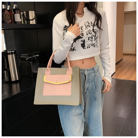 Women Contrast Color PU Leather Tote Bag Large Capacity Commuter Shoulder Bag With Front Pocket British Handbag