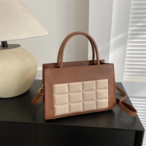 Vintage PU Leder Gesteppte Gitter Handtasche Für Damen Große Kapazität Quadrat Schultertasche Umhängetasche Pendeln Fashion Tote
