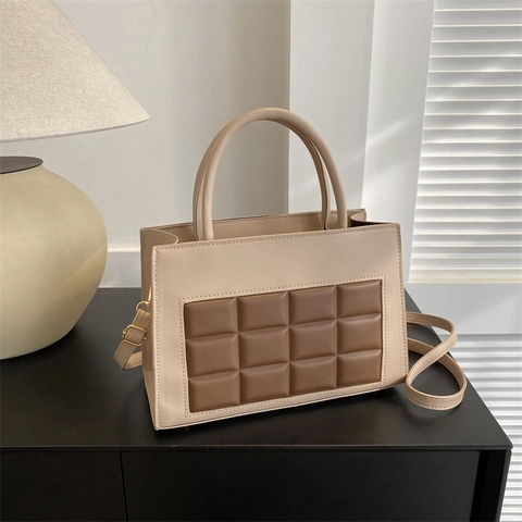 Vintage PU Leder Gesteppte Gitter Handtasche Für Damen Große Kapazität Quadrat Schultertasche Umhängetasche Pendeln Fashion Tote