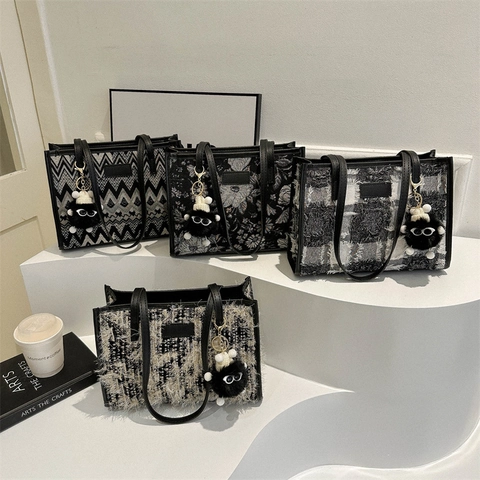 Bolso Tote de Tweed con Cuadrícula Vintage para Mujer Bolso de Hombro Jacquard Estilo Étnico Gran Capacidad Bolso de Mano Retro para Uso Diario