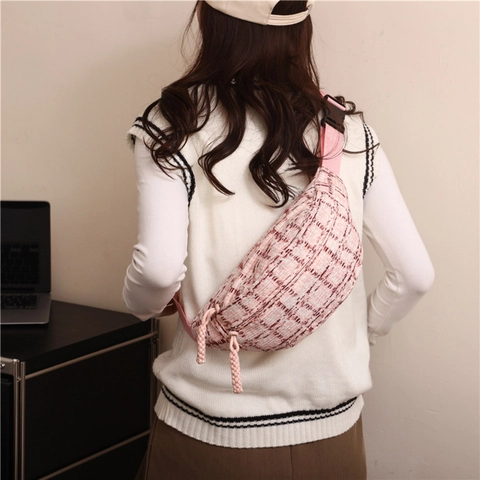Damen Polyester Karo Gürteltasche Mode Freizeit Brusttasche Mit Verstellbarem Gurt Tweed Struktur Umhängetasche Für Reise Alltag