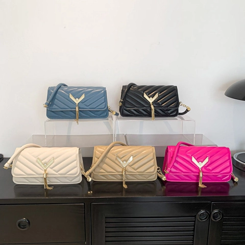Bolso de Hombro de Moda para Mujer Acolchado con Patrón en V Borla Bolso de Axila Cuadrado de Cuero PU Bolso de Mano