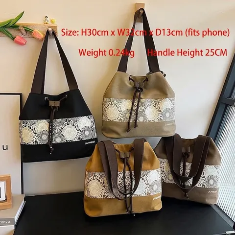 Women Casual Polyester Bucket Bag Floral Lace Print Drawstring Commuter Shoulder Bag Retro Handbag Tote Daily Fashion Bag