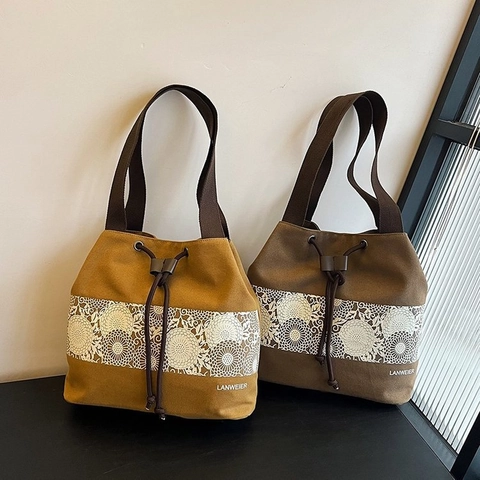 Women Casual Polyester Bucket Bag Floral Lace Print Drawstring Commuter Shoulder Bag Retro Handbag Tote Daily Fashion Bag