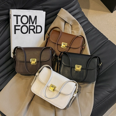 Bolso de Hombro Retro de Cuero PU para Mujer Moda Color Sólido Bolso Cuadrado con Cierre de Metal Bolso Elegante