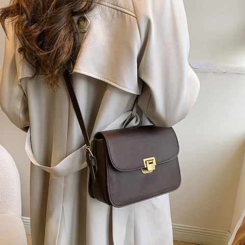 Bolso de Hombro Retro de Cuero PU para Mujer Moda Color Sólido Bolso Cuadrado con Cierre de Metal Bolso Elegante