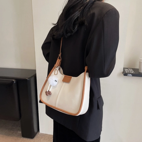 Sac à Bandoulière Femme Casual en Cuir PU Vintage Bordure Contrastée Minimaliste Grande Capacité Sac Sous le Bras Sac à Main Tendance