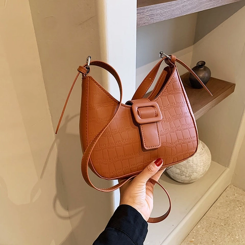 Sac à Bandoulière pour Femme en Cuir PU Motif Crocodile Sac Hobo Demi Lune Minimaliste pour le Quotidien et le Bureau