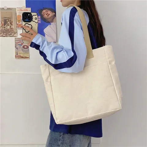 Women Minimalist Canvas Tote Bag Large Capacity Shoulder Bag Casual Commuter Handbag Multi Pockets Student School Bag Fashion