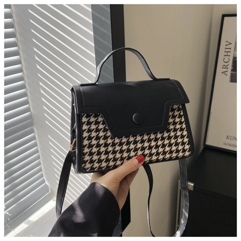 Vintage Hahnentritt PU Leer Kleine Vierkante Schoudertas Voor Dames Retro Diamantpatroon Handtas Met Handvat