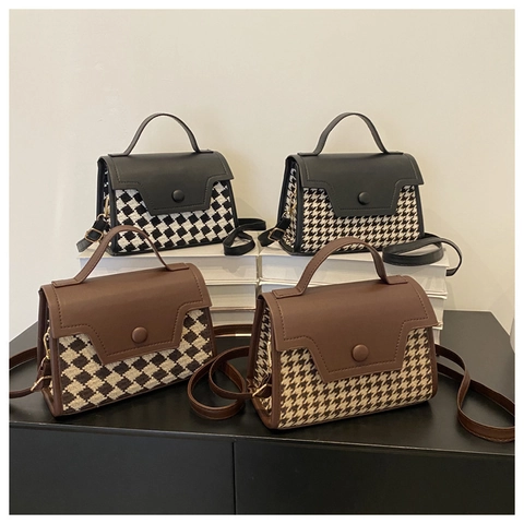Vintage Hahnentritt PU Leer Kleine Vierkante Schoudertas Voor Dames Retro Diamantpatroon Handtas Met Handvat