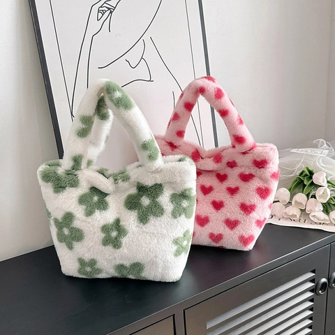 Women Cute Plush Handbag Soft Faux Fur Tote Bag Sweet Floral Heart Pattern Handbag For Daily Travel Small Square Bag