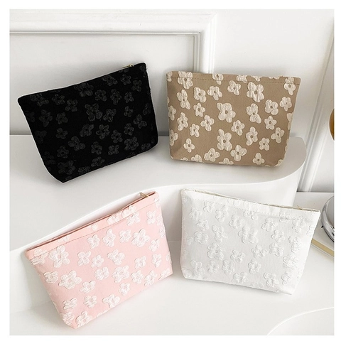 Women Korean Style 3D Floral Embossed Fabric Clutch Bag Elegant Solid Color Zipper Handbag Cosmetic Storage Pouch