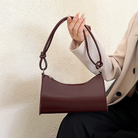 Stylish Urban PU Leather Glossy Underarm Bag For Women Minimalist Baguette Handbag With Knotted Strap Fashion Shoulder Bag