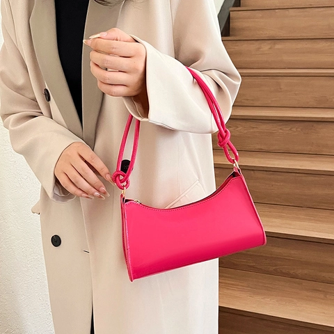 Stylish Urban PU Leather Glossy Underarm Bag For Women Minimalist Baguette Handbag With Knotted Strap Fashion Shoulder Bag