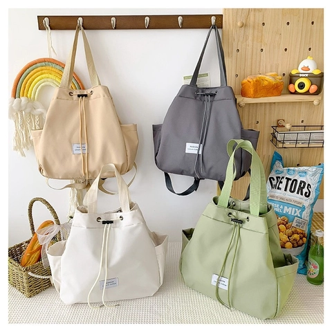 Nylon Drawstring Backpack For Women Solid Color Fresh Sweet Handbag Versatile Student School Bag Travel Leisure Daypack