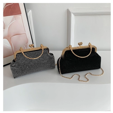 Damen Elegant Strass Abendtasche Gold Metallgriff Luxuriöse Party Handtasche Mit Kette Vintage Umhängetasche