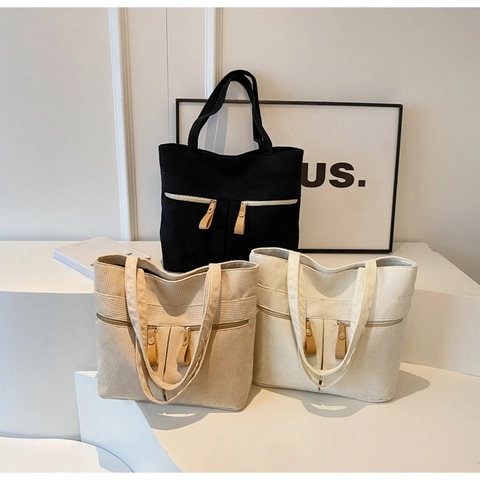 Borsa Tote in Velluto a Coste Vintage per Donna Borsa a Spalla di Grande Capacità con Doppie Tasche Anteriori con Cerniera