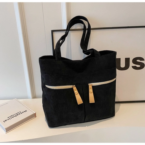 Borsa Tote in Velluto a Coste Vintage per Donna Borsa a Spalla di Grande Capacità con Doppie Tasche Anteriori con Cerniera