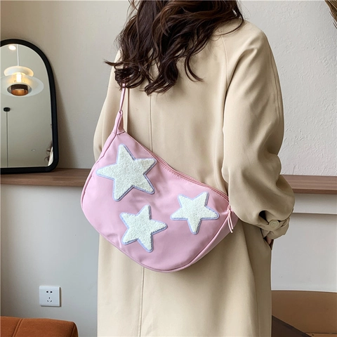 Borsa a Tracolla a Mezzaluna in Nylon da Donna Grande Capacità Casual Decorazione a Stella Borsa Sottobraccio Streetwear
