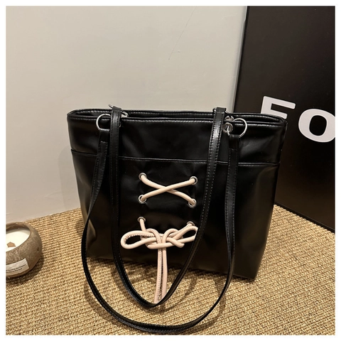 Sac à Épaule en Cuir PU pour Femmes Grande Capacité Avec Nœud en Ruban Mode Couleur Unie Cabas Sac Sous le Bras