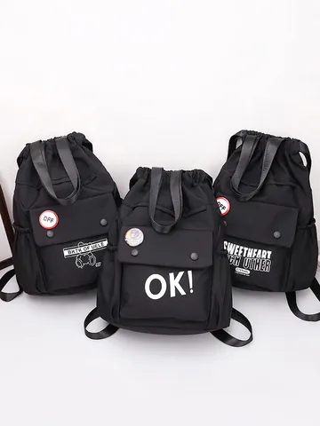 Mochila con Cordón de Tela Oxford de Moda Gran Capacidad Estampado de Letras Bolsa Escolar Casual para Estudiantes Hombres Mujeres