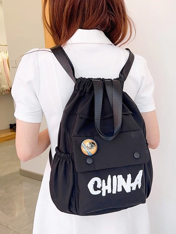 Mochila con Cordón de Tela Oxford de Moda Gran Capacidad Estampado de Letras Bolsa Escolar Casual para Estudiantes Hombres Mujeres